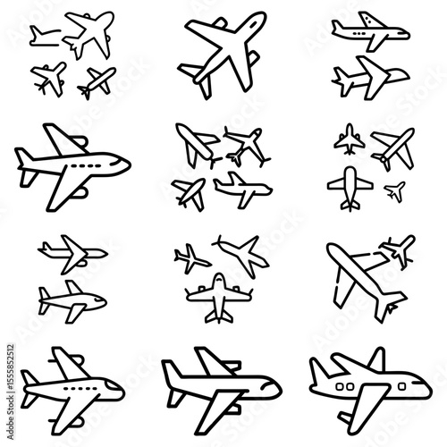 Collection of twelve distinct airplane icons showcasing various angles and styles in a simple line drawing format