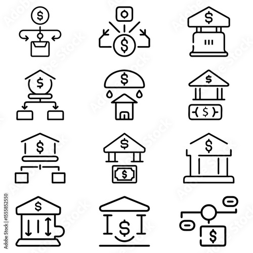 Collection of bank and finance related icons showing money transfer and building structures in black outline