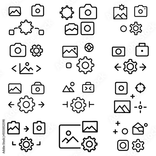 Depiction of various outlined icons related to image editing settings and camera functions in a grid layout