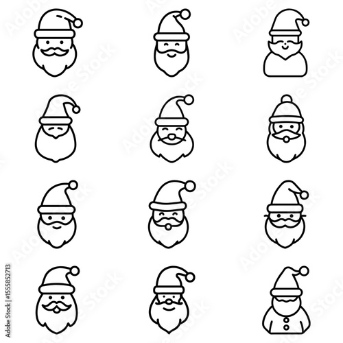 Collection of twelve santa claus faces with different beard and hat styles in outline drawing style