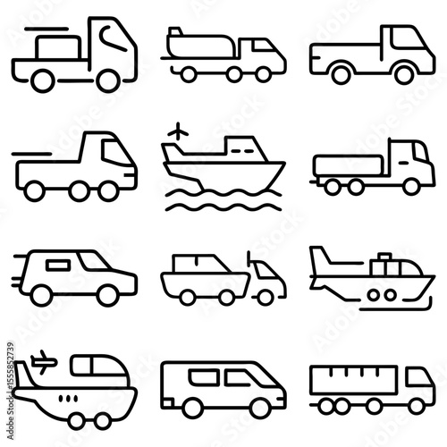 Outline icons showcasing various modes of transport including trucks, boats, and airplanes in a grid layout
