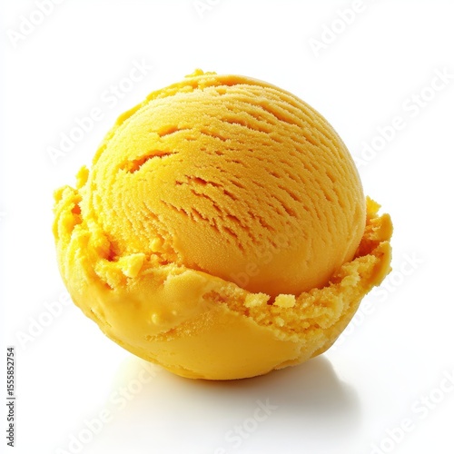 Mango sorbet ice cream scoop isolated on white background.