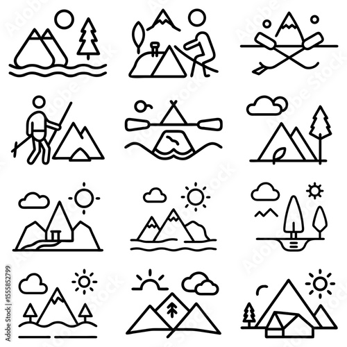 Collection of outline icons representing various sports and fitness activities in black and white style