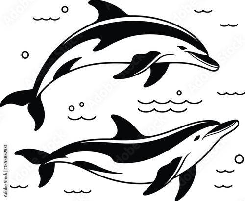Black and white dolphin illustration swimming in ocean waves minimalist design
