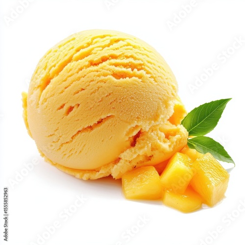 Mango sorbet ice cream scoop isolated on white background.