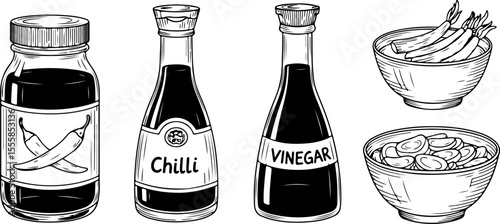 Illustration of condiment bottles and bowls, including chili sauce, vinegar, and dishes of food.