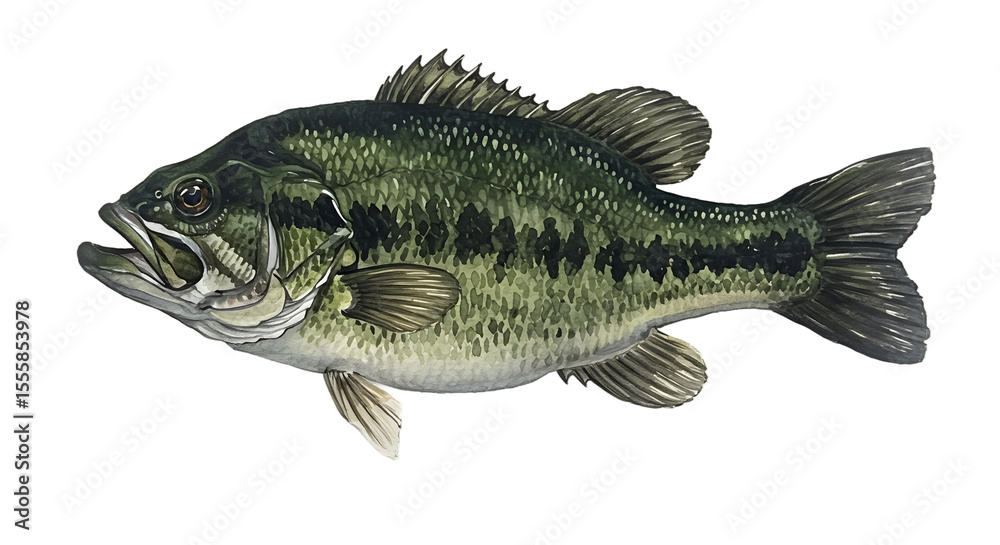 Fototapeta premium Largemouth Bass Watercolor Illustration - Detailed Fish Art watercolor png, transparent isolated nackground