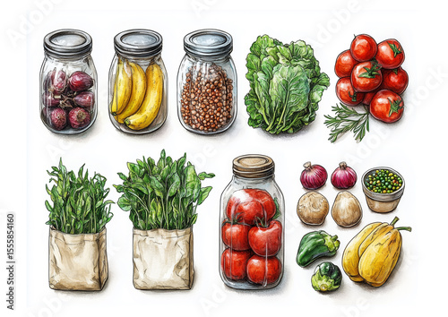 Set of products from vegetables, fruits, greens and canned goods. Watercolor style illustration isolated on white background