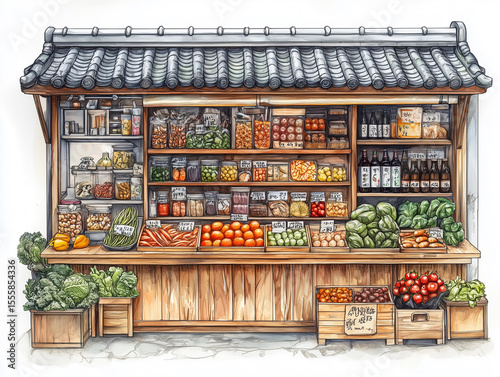 Street stall selling local vegetables, fruits and spices from farmers. Watercolor style illustration