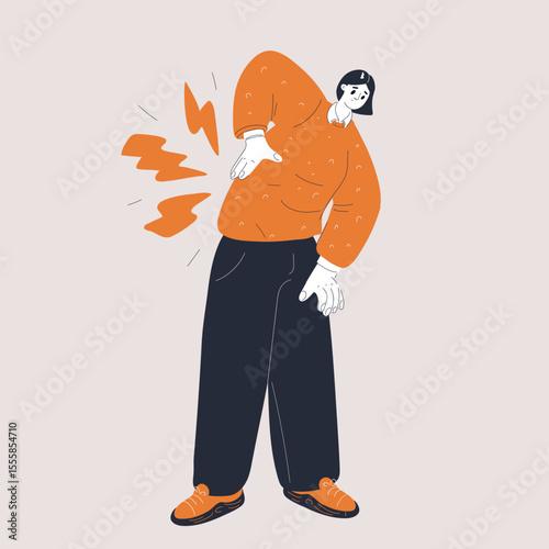 Cartoon vector illustration of a woman stretching her lower back, symbolizing relief, self-care, and healthy habits