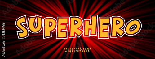 Comic superhero alphabet, bold fun letter set on cartoon explosion burst background, manga font for fun cartoon logo, hero headline, creative pop art typography, modern kids design. Vector typeset.