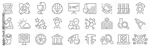 Science icon set. Science, scientific activity elements, laboratory, experiment, research, physics.Outline icons collection. Science education symbol. Vector illustration