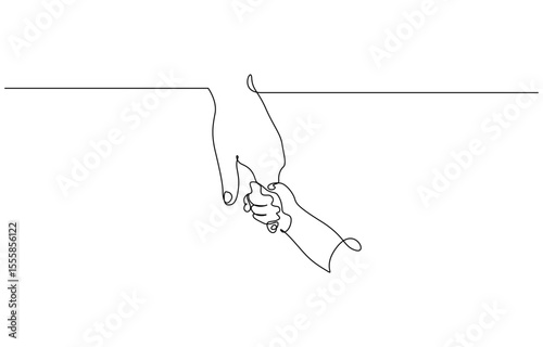 Father and baby one line holding hands continuous line drawing, Continuous line of father and child hands illustration. One line drawing of adult and young palm hand holding with love vector.