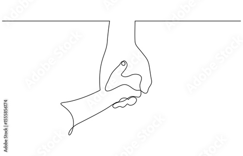 Father and baby one line holding hands continuous line drawing, Continuous line of father and child hands illustration. One line drawing of adult and young palm hand holding with love vector.