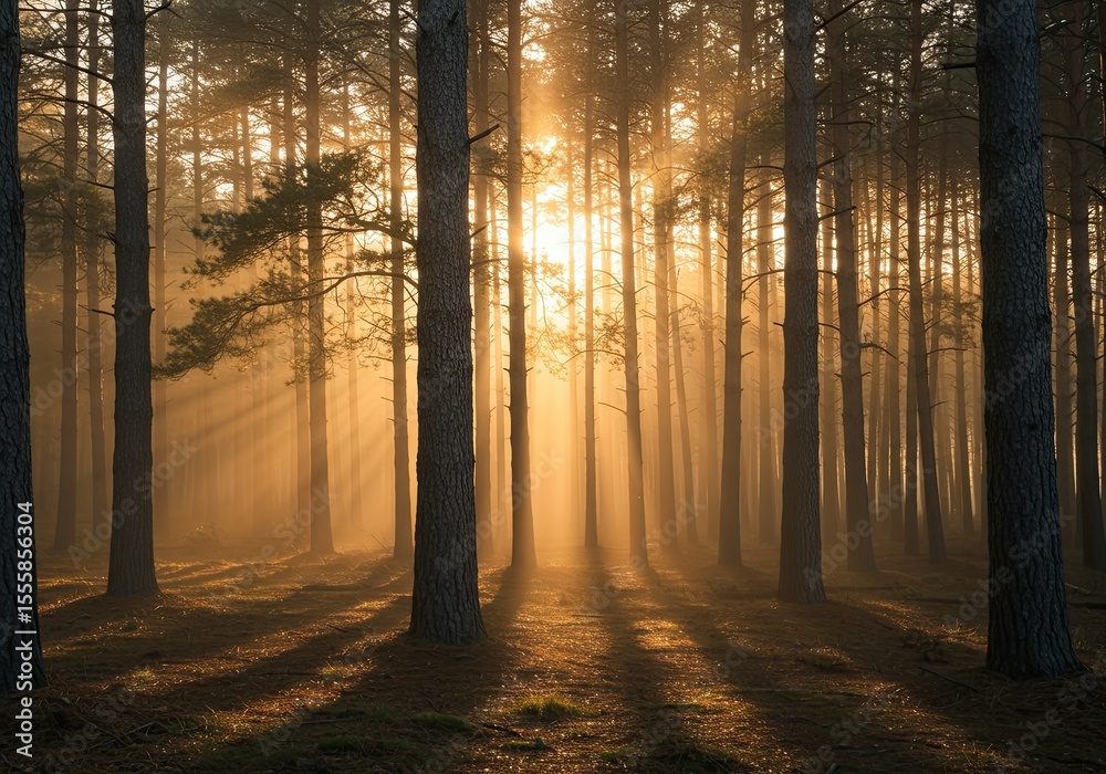 Fototapeta premium Golden sunbeams pierce through a misty pine forest creating a magical atmosphere