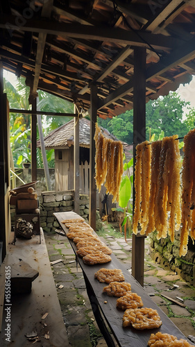 A rustic scene from a traditional Indonesian village, with hand-dyed fabrics hanging to dry along a peaceful alley