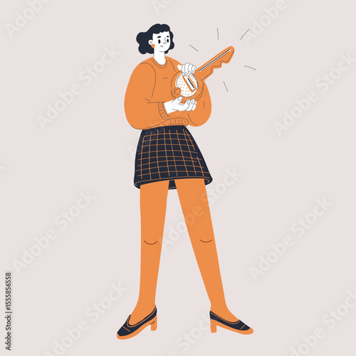 Cartoon vector illustration of a woman holding a large key, symbolizing empowerment, opportunity, and unlocking potential