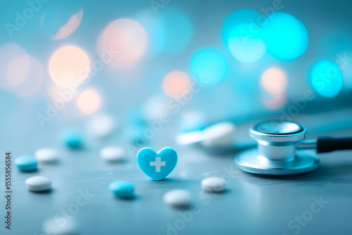 Clean Soft White Medical Background with Stethoscope and Blue Heart Pills
