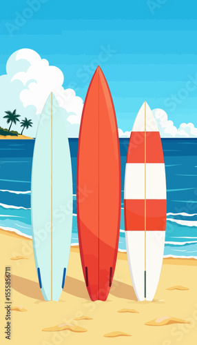 Colorful surfboards standing on sandy beach by ocean under blue sky  