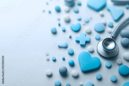 Clean Soft White Medical Background with Stethoscope and Blue Heart Pills
