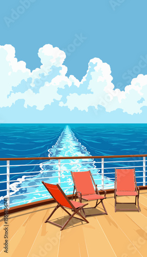 Relaxing chairs on cruise ship deck with ocean view and clouds  