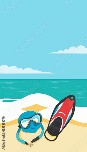 Snorkeling gear on sandy beach by the ocean with clear blue sky  