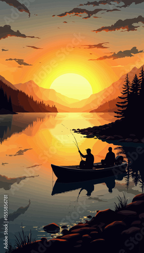 Two people fishing in a boat at sunset on serene lake  