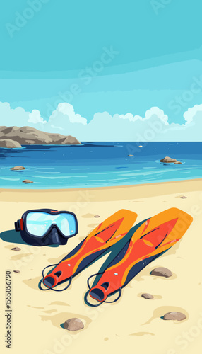Snorkeling gear including fins and mask on sandy beach by ocean  