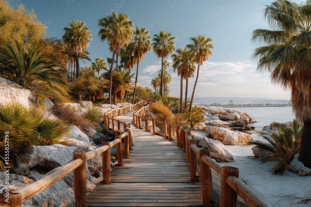 Fototapeta premium Wooden boardwalk on the beach banner