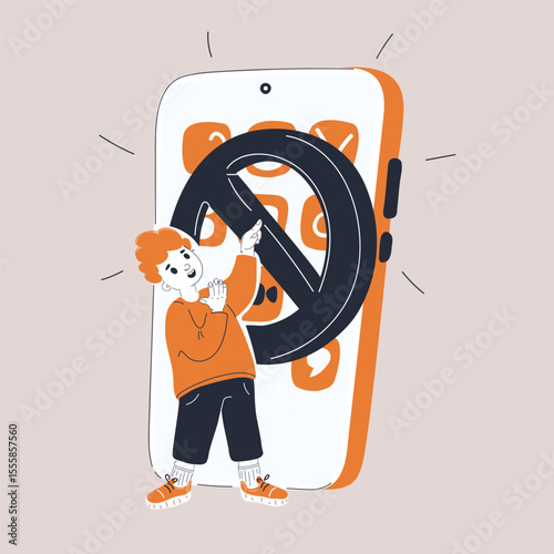 Cartoon vector illustration of a boy trapped inside a phone screen struggling with a locked app, symbolizing challenges of screen time and digital boundaries