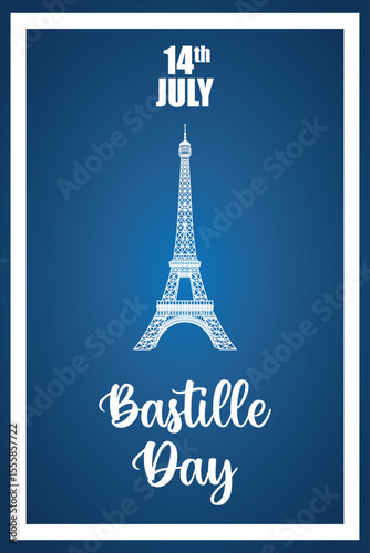 Celebrating Bastille Day With Eiffel Tower Illustration, Blue Background and handwriting White Text