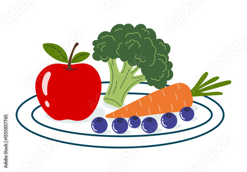 Plate with fruits and vegetables. Healthy lifestyle. Healthy food - apple, carrot, broccoli, blueberry. Hand-drawn flat healthy food elements collection 