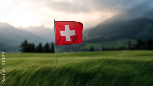 Swiss flag on a windy day, blowing strongly with motion blur,