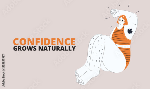 Cartoon vector illustration of a woman embracing herself confidently, celebrating natural beauty and authenticity