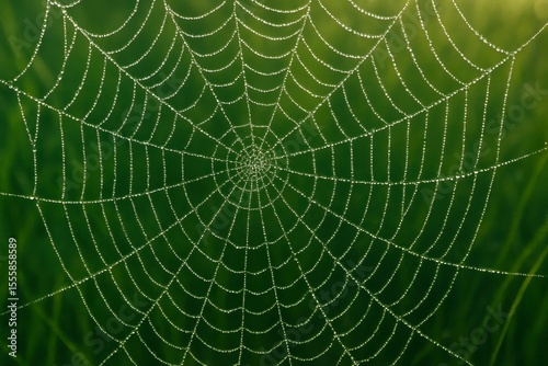 A spiderweb covered in dew drops against a blurred green background