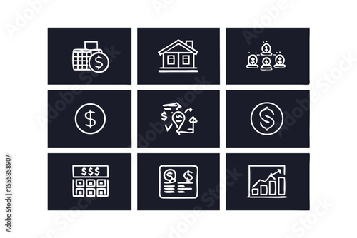 Collection of white hand drawn financial and business icons on a dark blue background representing investment growth and planning