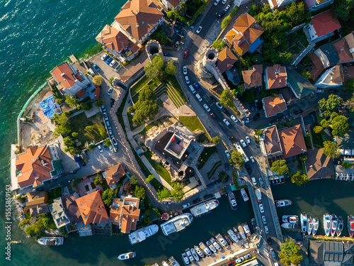Anatolian Fortress High-angle view of a charming island town with canals and boats. An aerial shot showcasing a picturesque island town nestled amidst waterways. Anadolu Hisari Beykoz Istanbul Turkiye