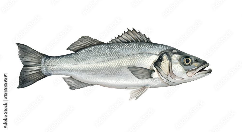 Fototapeta premium Sea Bass Watercolor Illustration: Detailed, Realistic Fish Image watercolor png, transparent isolated nackground