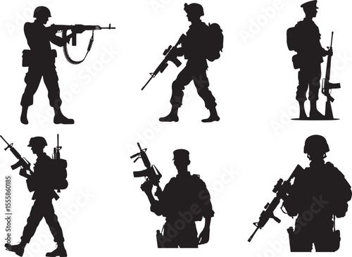 Silhouetted soldiers in uniform standing proudly against a white background