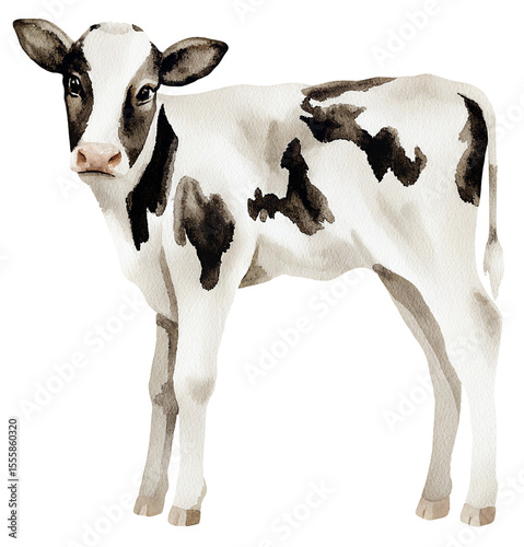 Watercolor painting of a holstein calf on transparent background.
