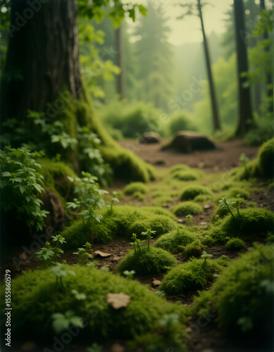 Lush Mossy Forest Floor with Soft Morning Light

