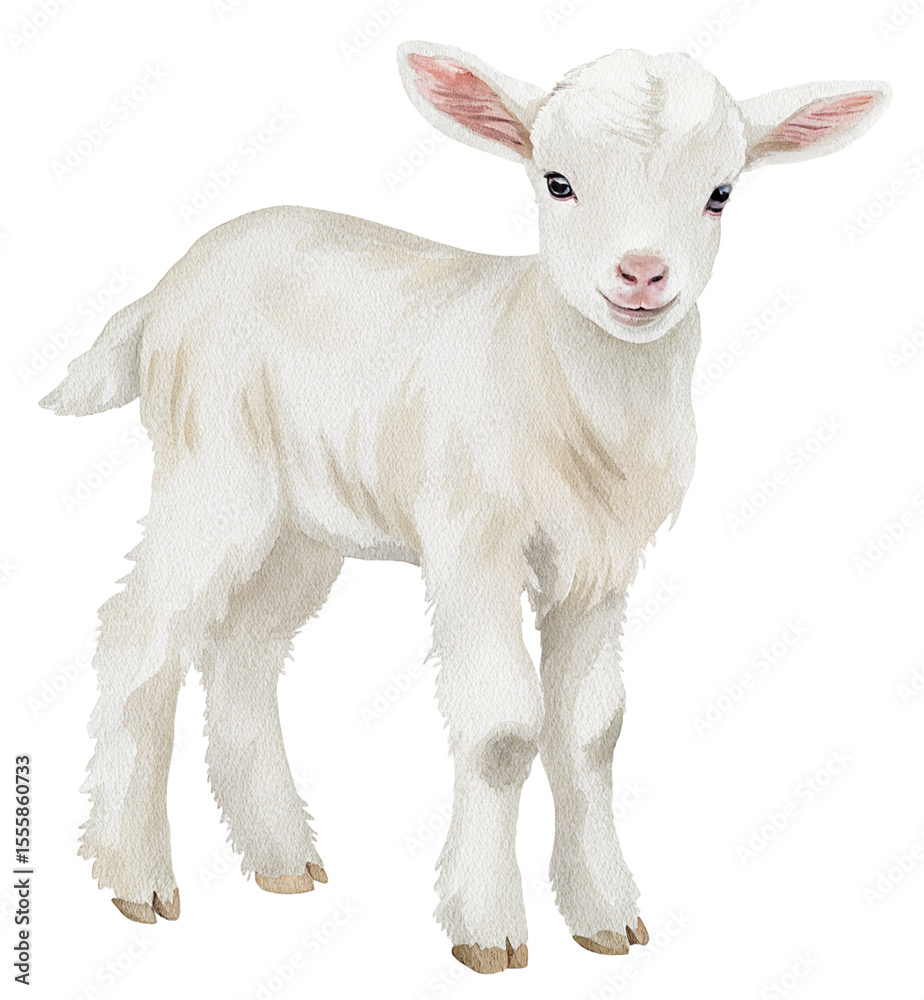 Fototapeta premium Watercolor illustration of a white goat kid on transparent background.