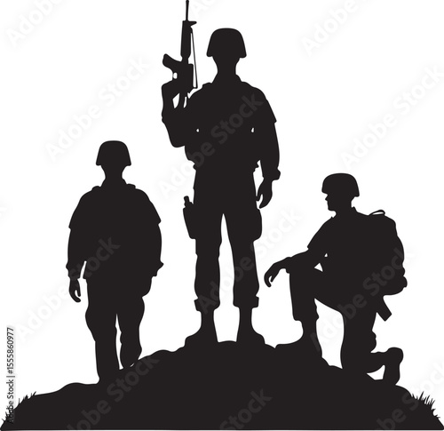 Three soldiers in silhouette standing on a hill representing unity and bravery