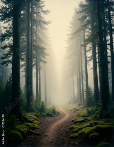 Misty Forest Pathway with Tall Pine Trees and Soft Morning Light