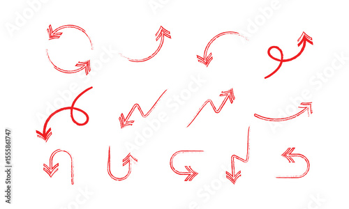 Hand drawn arrow vector set featuring curved, straight, dotted, and swirled arrows, perfect for creative projects, presentations, infographics, red arrow, and decorative design needs