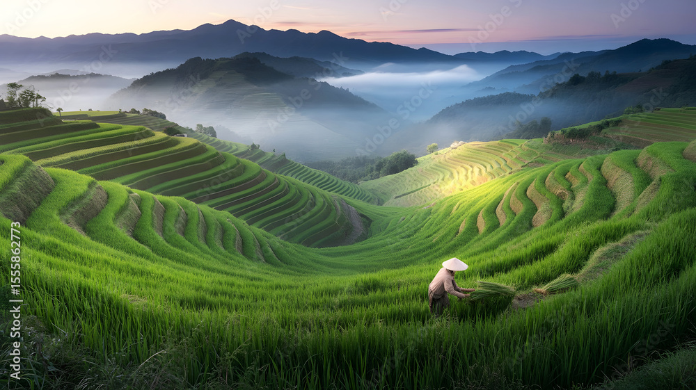 Fototapeta premium Farmer Working in Green Rice Terraces at Sunrise – Scenic Agricultural Landscape in Mountains, Rural Farming, Asian Countryside, and Natural Eco Farming Beauty