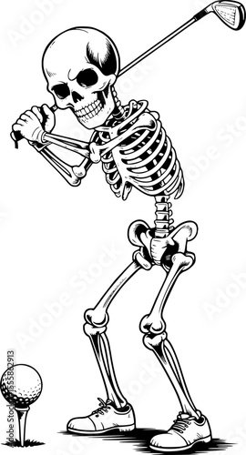 Golfing Skeleton Vector – Vintage Comic Book Style, Full Body Skeleton Mid-Swing with Golf Club and Ball – High Resolution, Crisp Lines, Transparent Background, Ideal for T-Shirts and Stickers