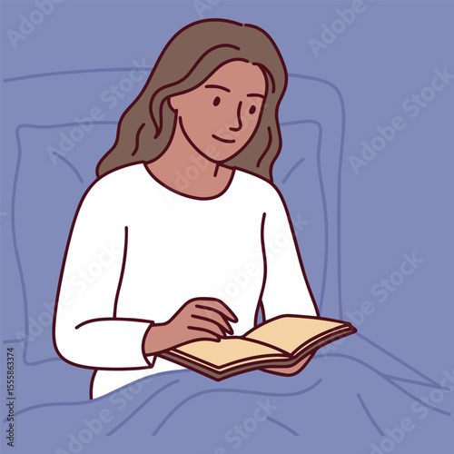Dark-skinned woman sits in bed reading book during quiet and peaceful evening routine, enjoying relaxation alone