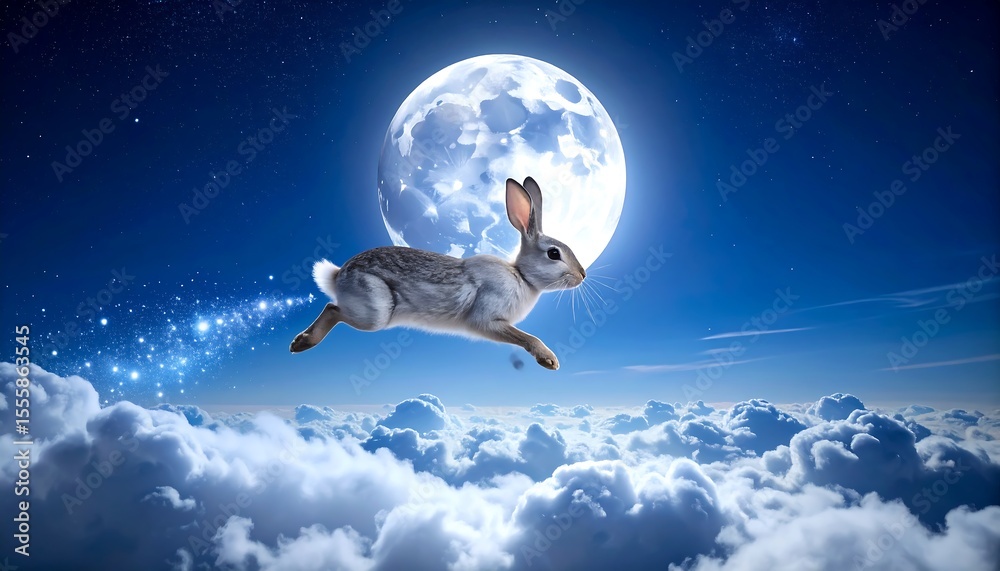 Naklejka premium Magical Flying Rabbit in a Moonlit Dreamscape