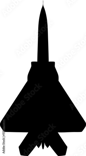 Dramatic silhouette of a modern jet fighter, isolated against a white backdrop for use in graphic design.